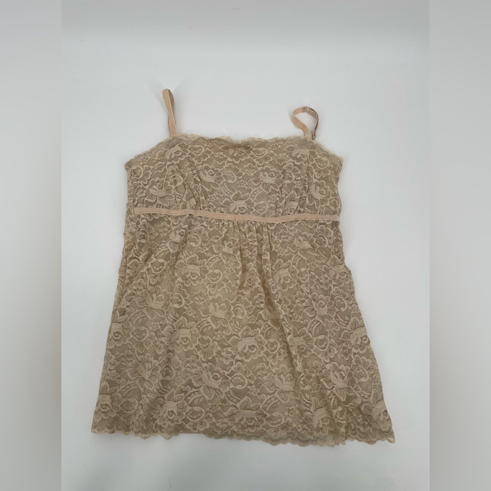 Beige Floral Lace Lined Camisole Babydoll Tank Romantic Boho Y2K